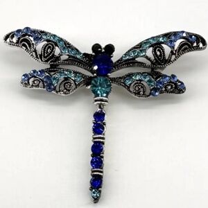 NIP Vibrant and Sparkly Blue Rhinestone Encrusted Dragonfly Pin Brooch in Silver